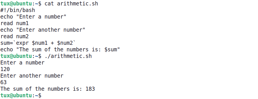 Example of shell script using arithmetic expressions