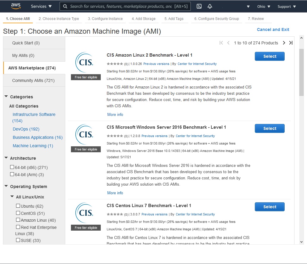 Deploying a CIS pre-hardened machine image in AWS. (Screenshot courtesy of Amazon.com.)