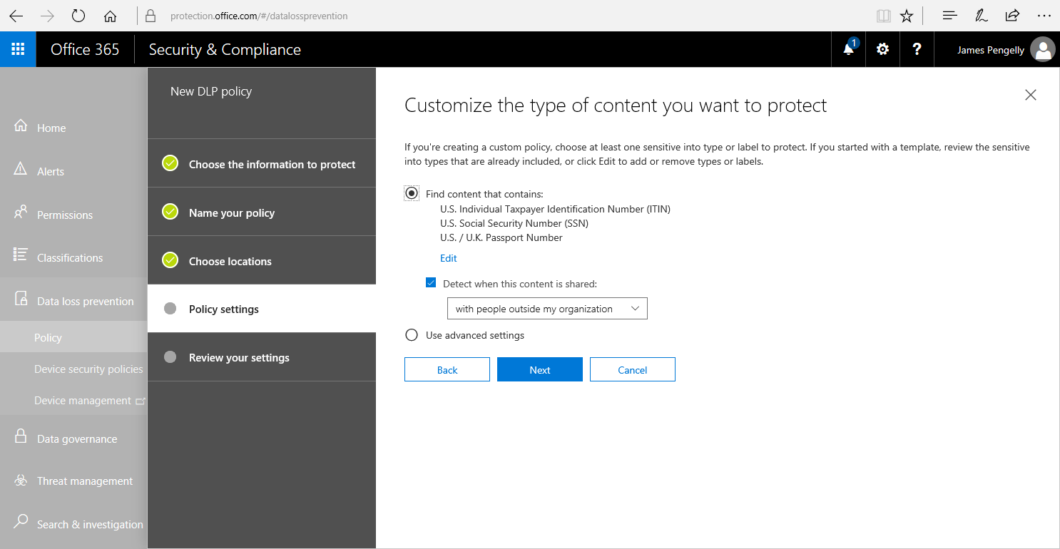 Steps to create a D L P policy in office 365.