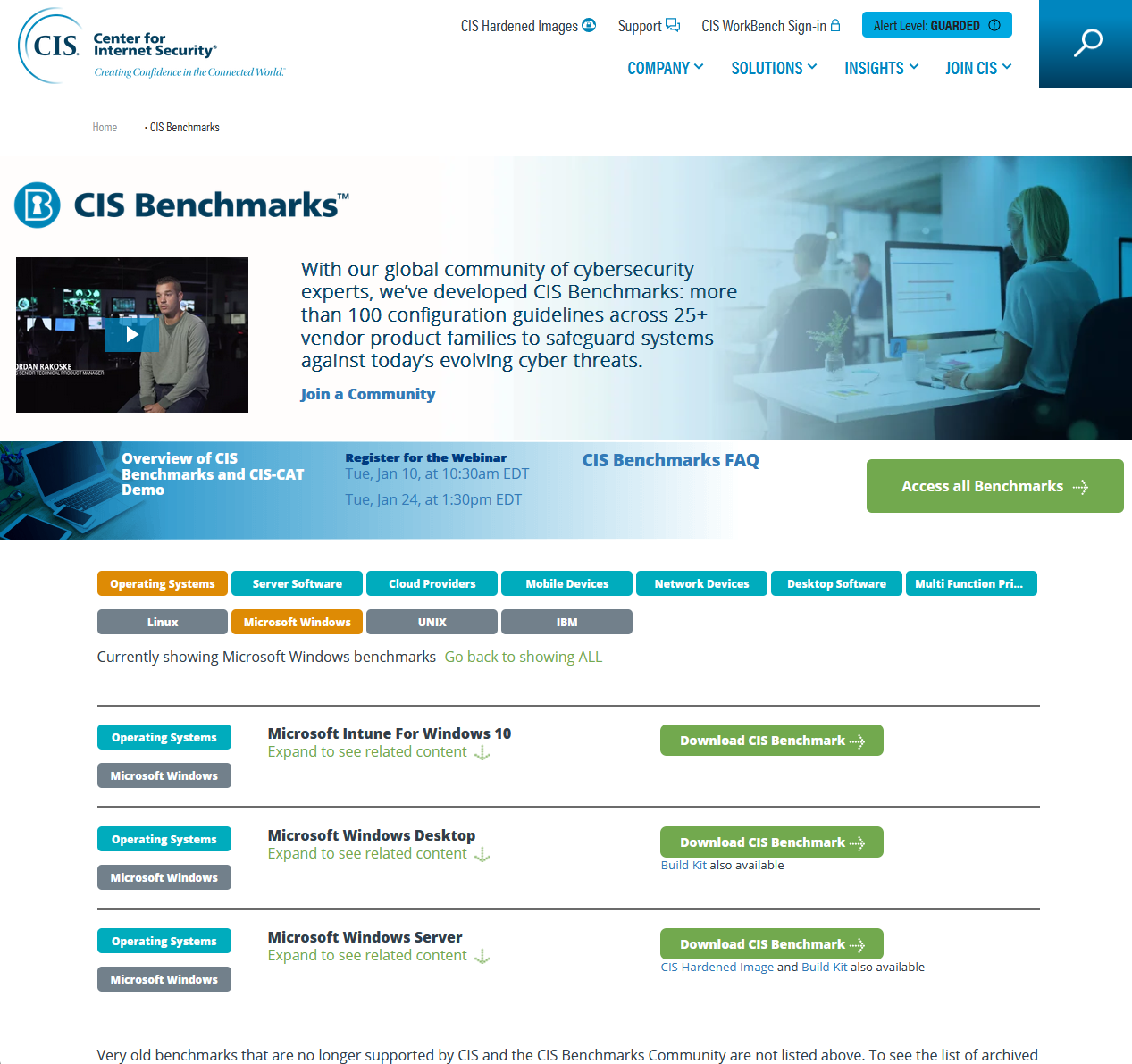 A screenshot of the C I S benchmark website listing several downloadable benchmarks for the Microsoft Windows operating system.
