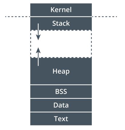 Memory layout—the heap stores larger data objects and is dynamically managed by the process. This makes it vulnerable to memory leaks and potentially to arbitrary code execution.
