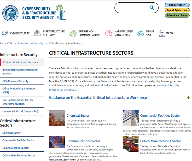 A screenshot of the C I S A website listing critical infrastructure sectors.