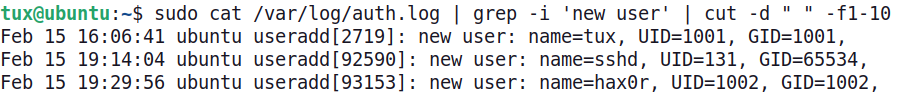 Validating alerts by inspecting the auth.log and searching for new user entries.