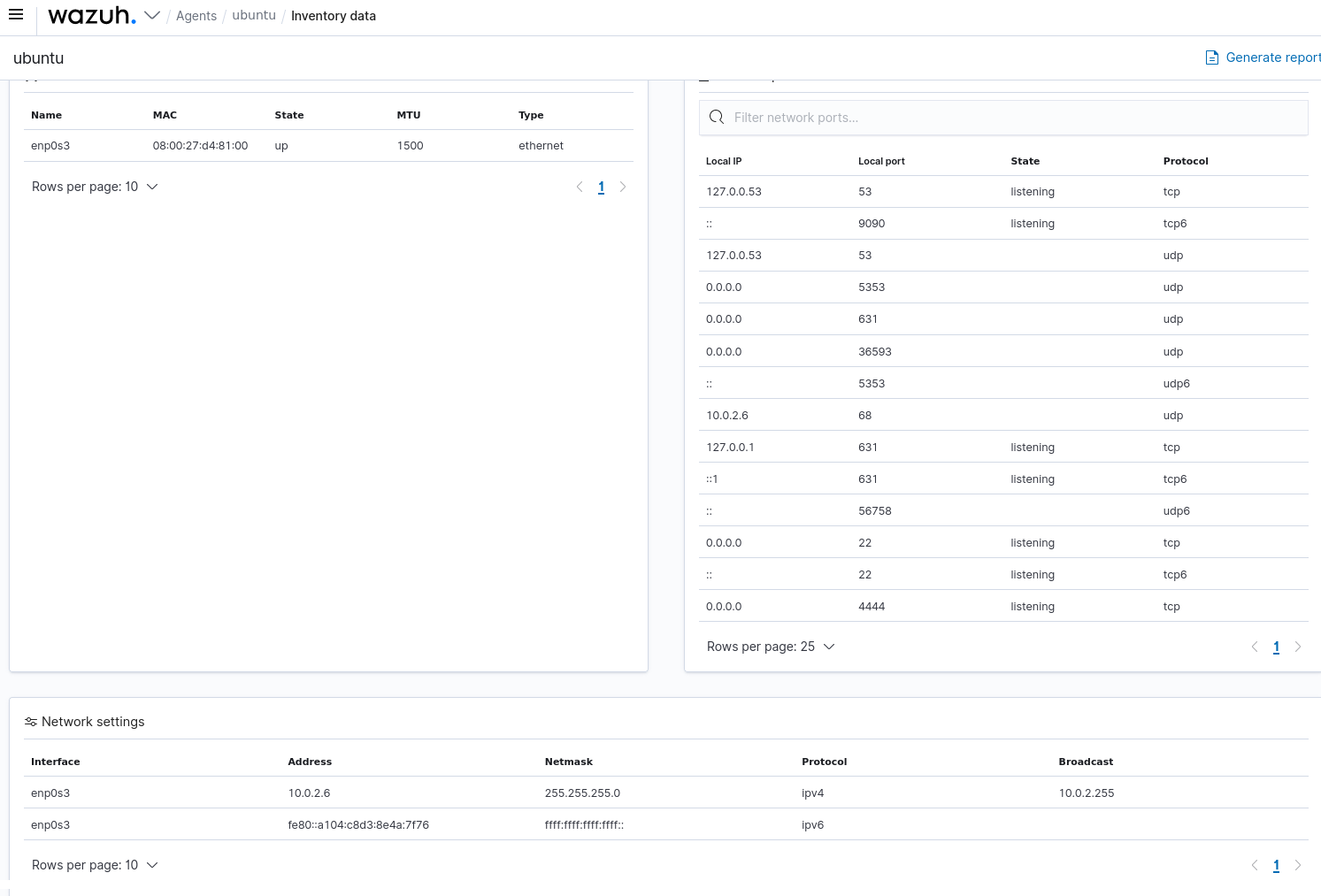 A Wazuh inventory data page has 3 tables.