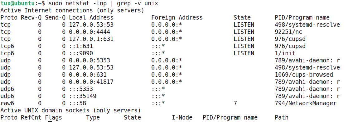 The use of netstat command. A table lists the proto, Recv-Q, Send-Q, local address, foreign address, state, and P I D slash program name.