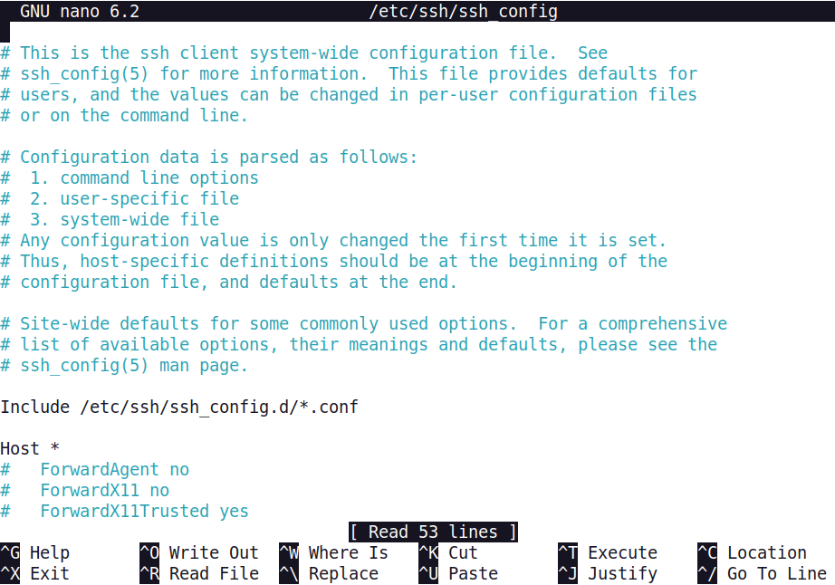 The nano text editor with the /etc/ssh/ssh_config file loaded.