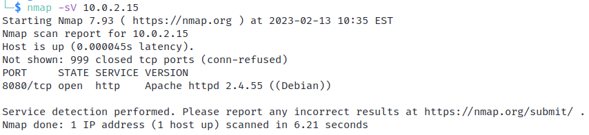 An Nmap scan report shows an open port 8080, with http service and apache httpd 2 point 4 point 55 version.