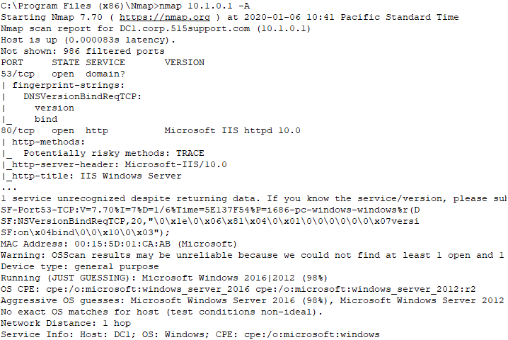 An Nmap scan report for fingerprinting shows the state, service, and version of port 53.