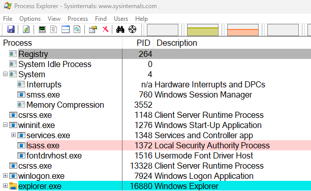  Process Explorer showing normal parent/child associations of critical system processes. (Used with permission from Microsoft.)