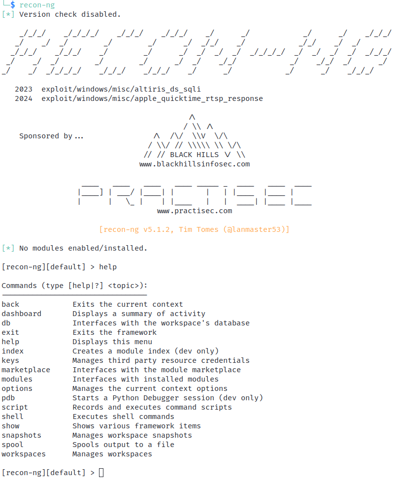A screen capture of the Recon-ng framework