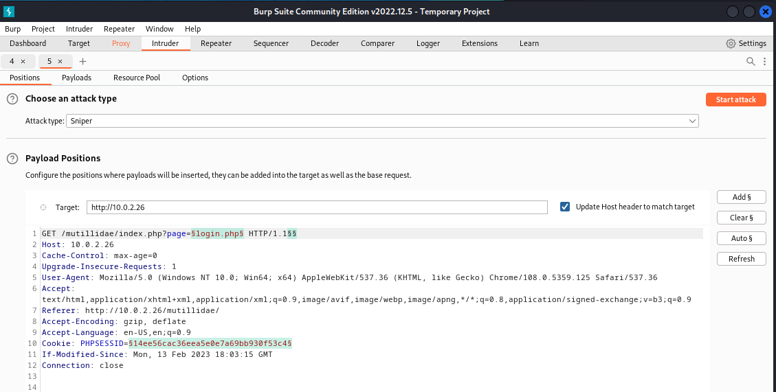A Burp suite community edition with the intruder option selected.