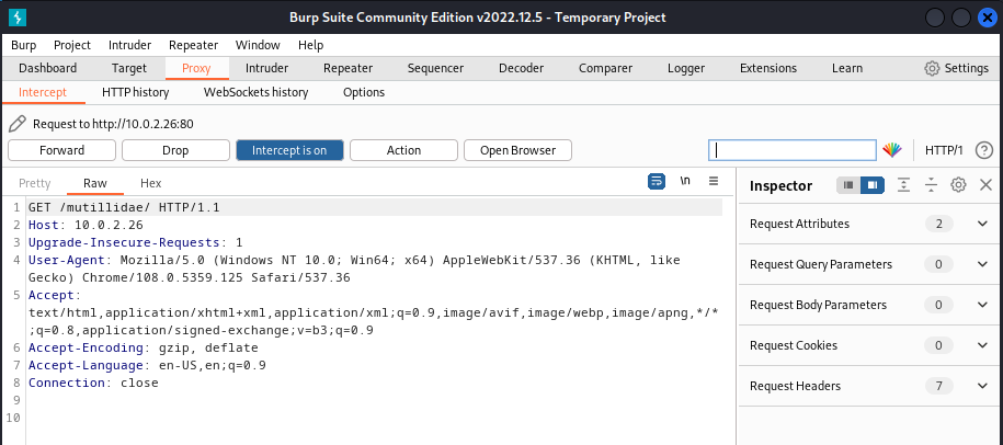 A Burp suite community edition with the proxy option selected. It is followed by the intercept option.