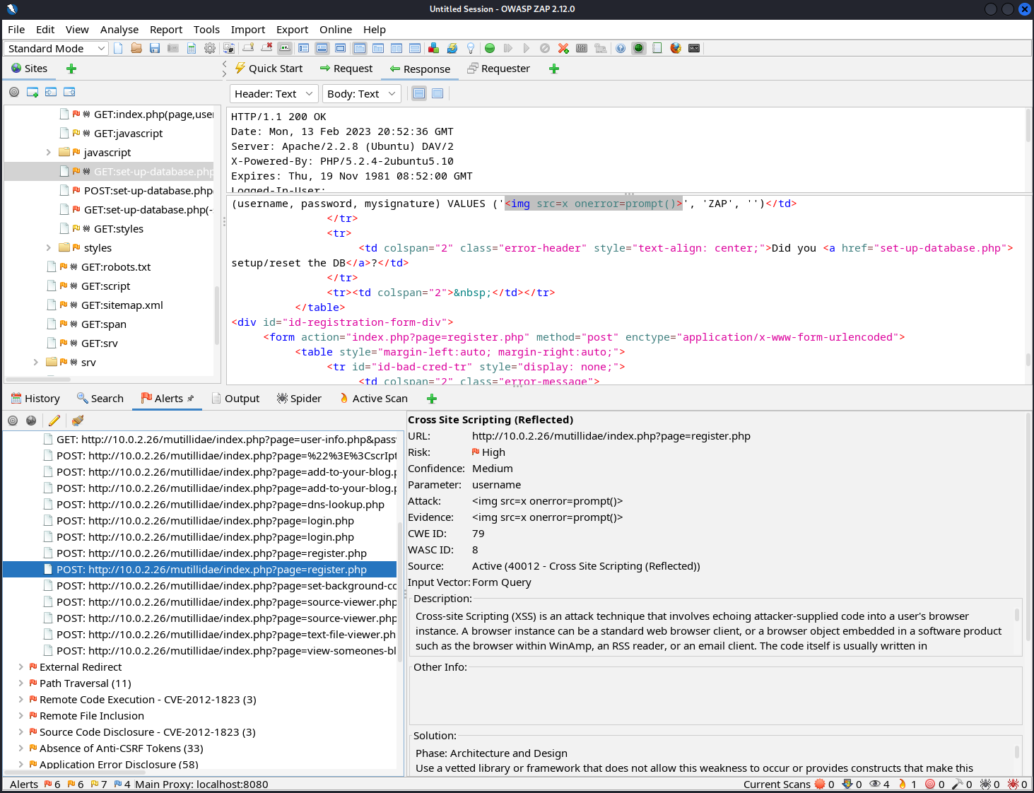 The O W A S P Z A P session displays the content in the top section and the details of the web application in the bottom section.