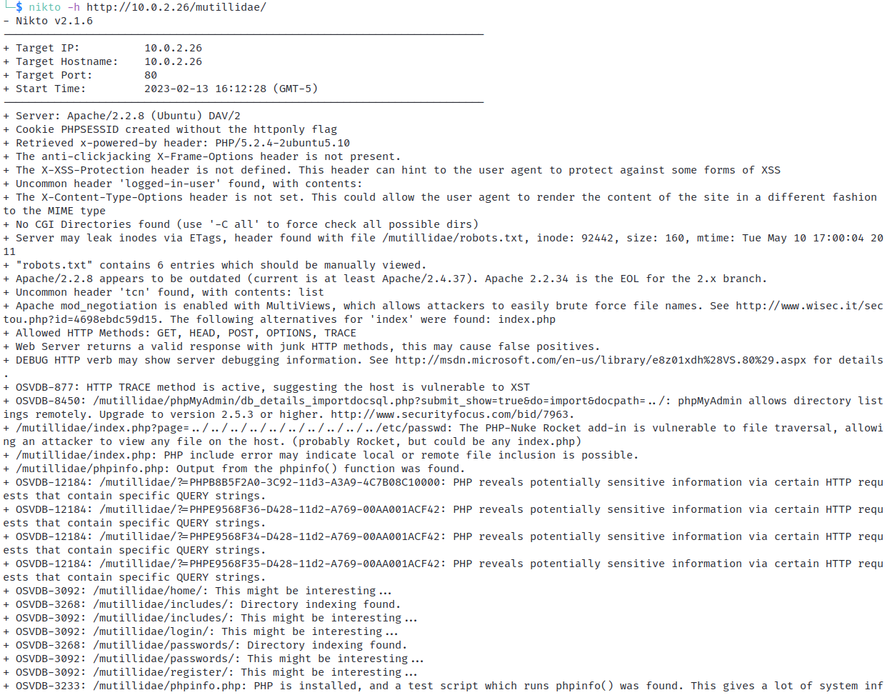 An output generated from the nikto scan lists the target IP, target hostname, target port, start time and the errors.