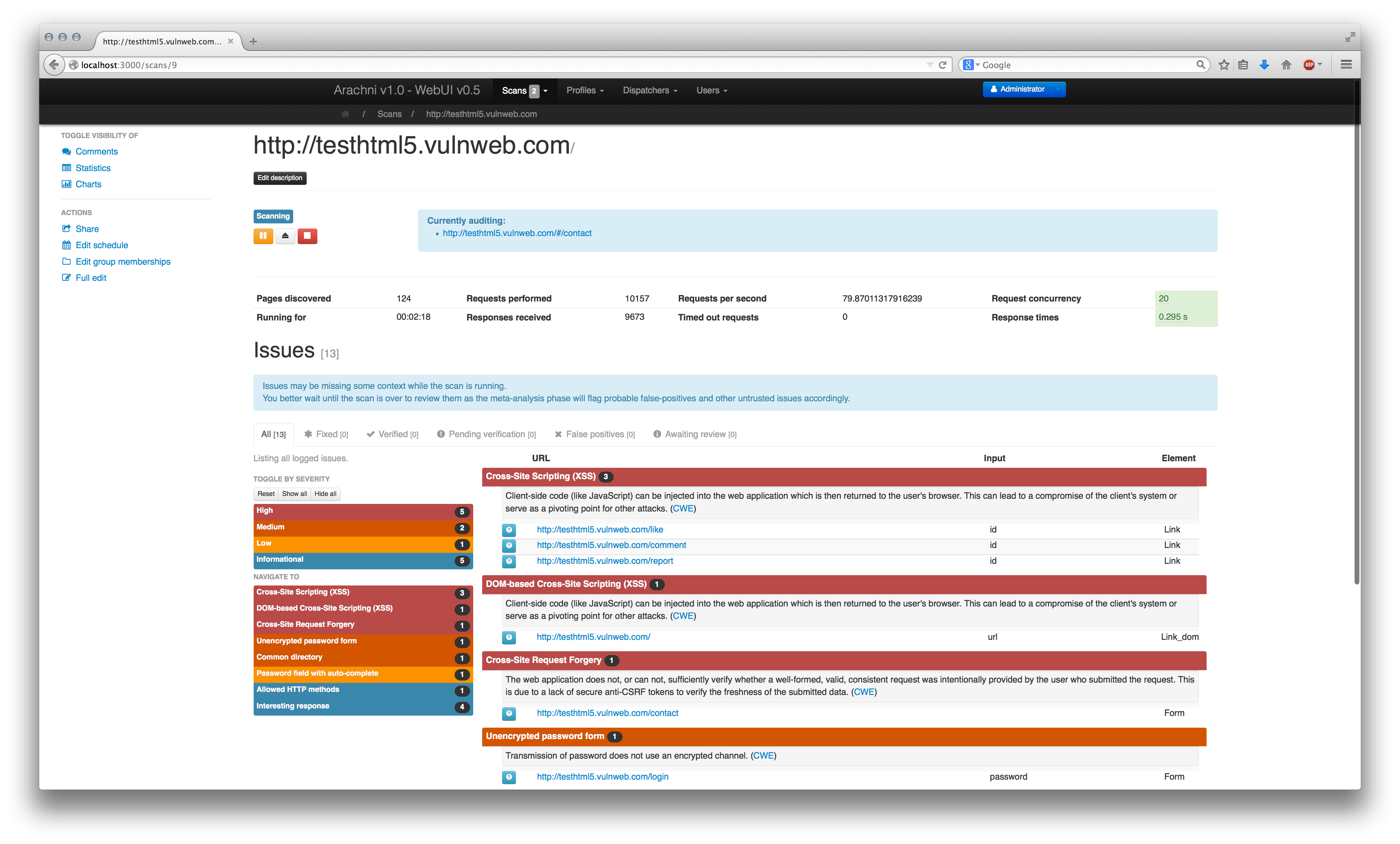 A webpage displays the issues of the scan listed in a table with heads U R L, input, and element.