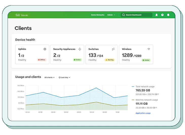 A Cisco Meraki management dashboard.
