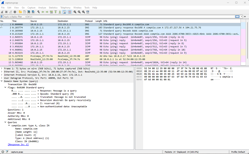 The top section shows a table with heads number, time, source, destination, protocol, length, and info. The bottom section has few lines of code.