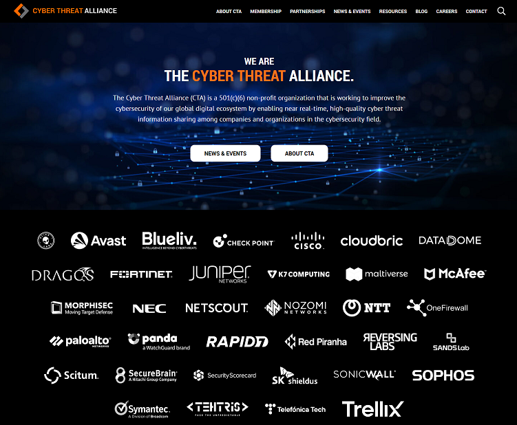Screenshot of Cyber Threat Alliance website listing many of the participating organizations.