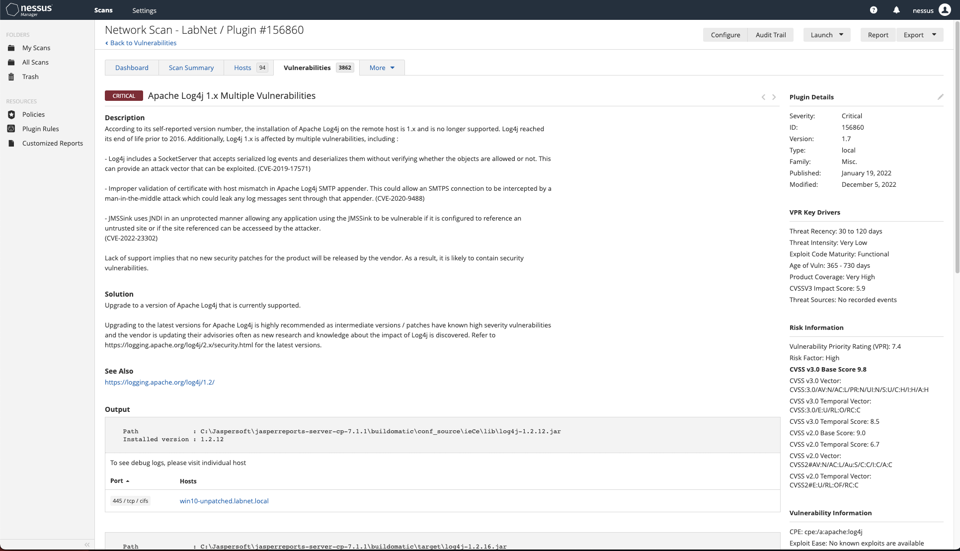 A dashboard gives the description, solution, and output of a vulnerability. The plugin details, risk and vulnerability information are on the right.