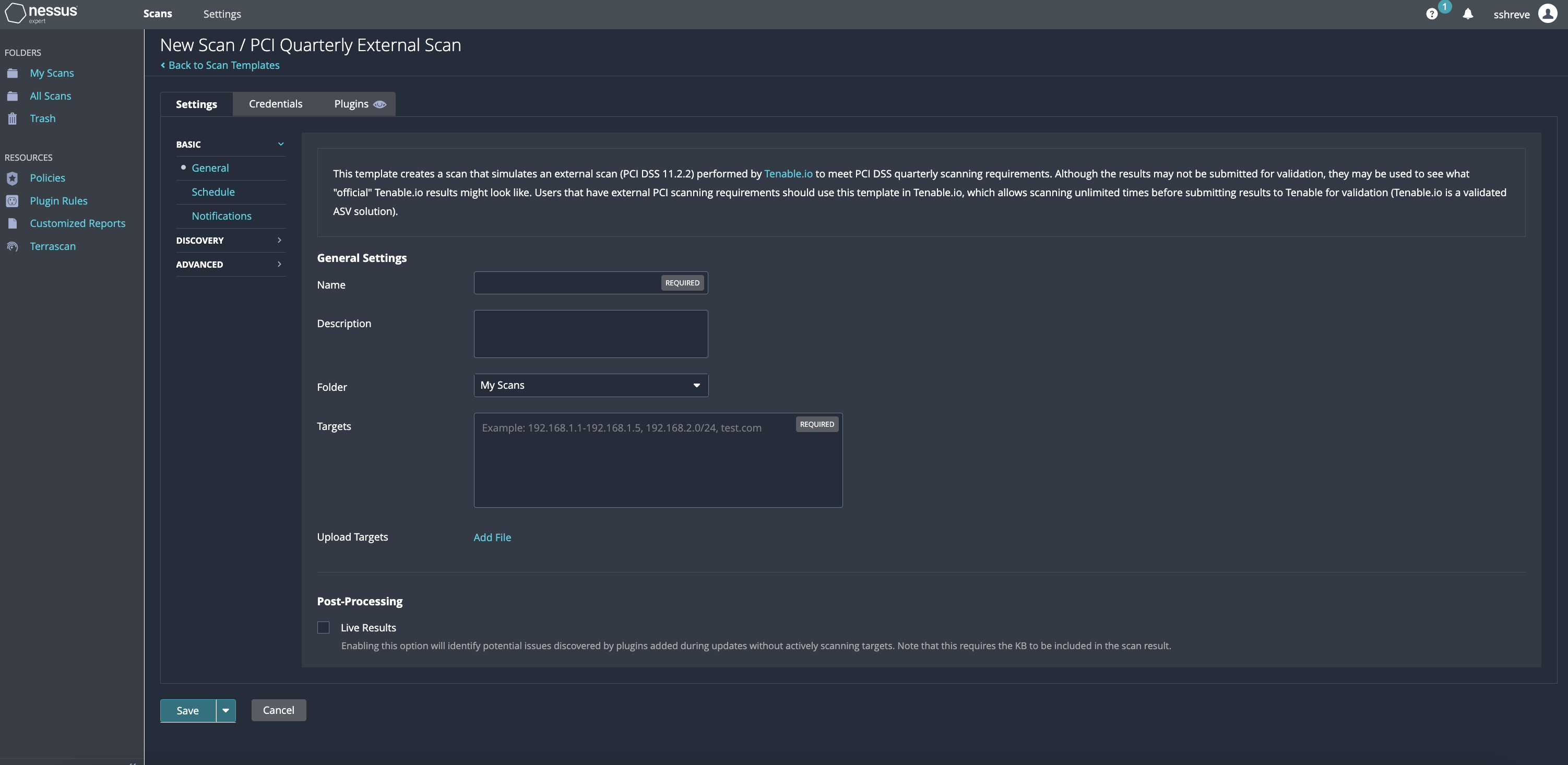 Screen shot of Nessus scan template
